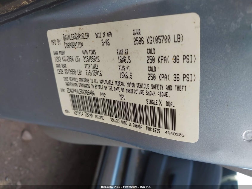 2006 Dodge Grand Caravan Sxt VIN: 2D4GP44L56R789480 Lot: 43675105