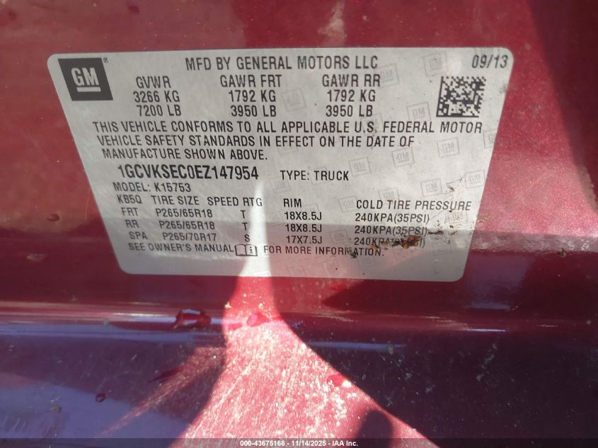 2014 CHEVROLET SILVERADO 1500 2LZ 1GCVKSEC0EZ147954