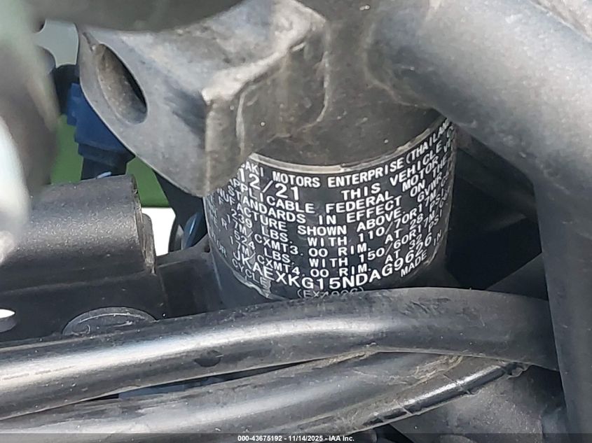 2022 Kawasaki Ex400 VIN: JKAEXKG15NDAG9626 Lot: 43675192