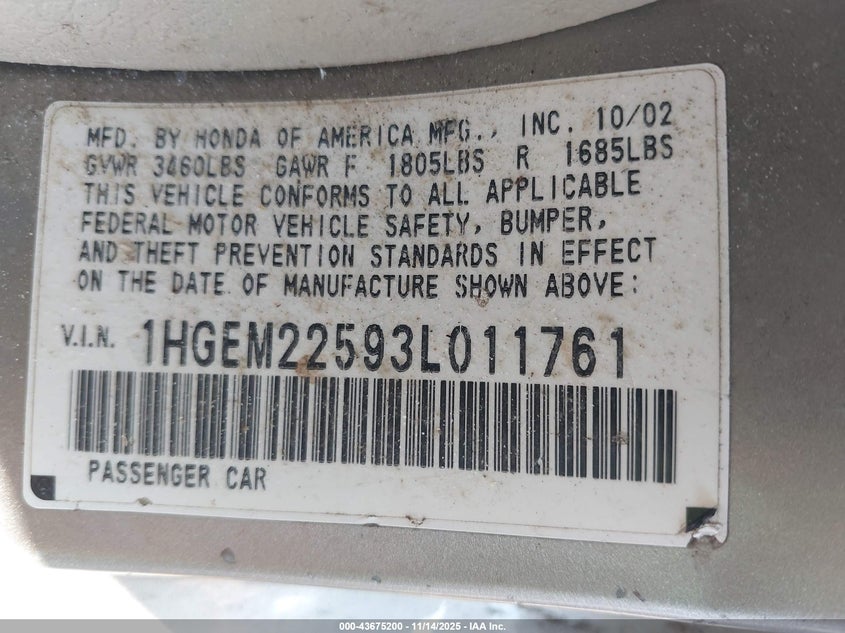 2003 Honda Civic Lx VIN: 1HGEM22593L011761 Lot: 43675200