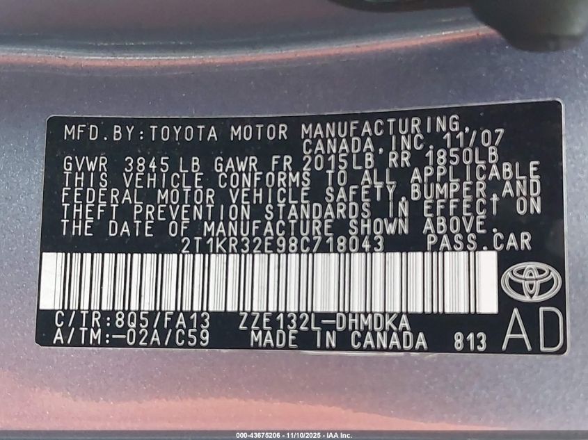 2008 Toyota Matrix VIN: 2T1KR32E98C718043 Lot: 43675206