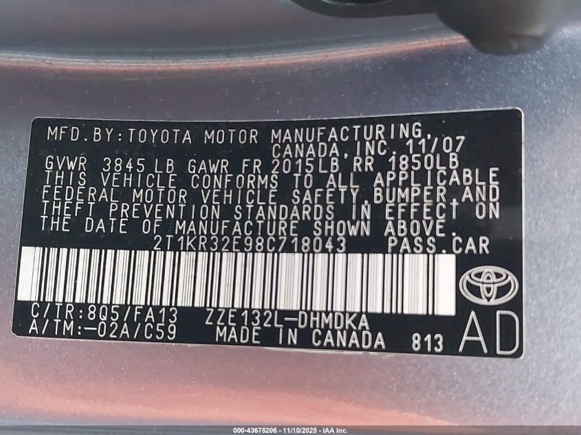 2008 Toyota Matrix VIN: 2T1KR32E98C718043 Lot: 43675206