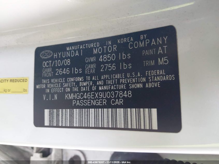 2009 Hyundai Genesis 3.8 VIN: KMHGC46EX9U037848 Lot: 43675207