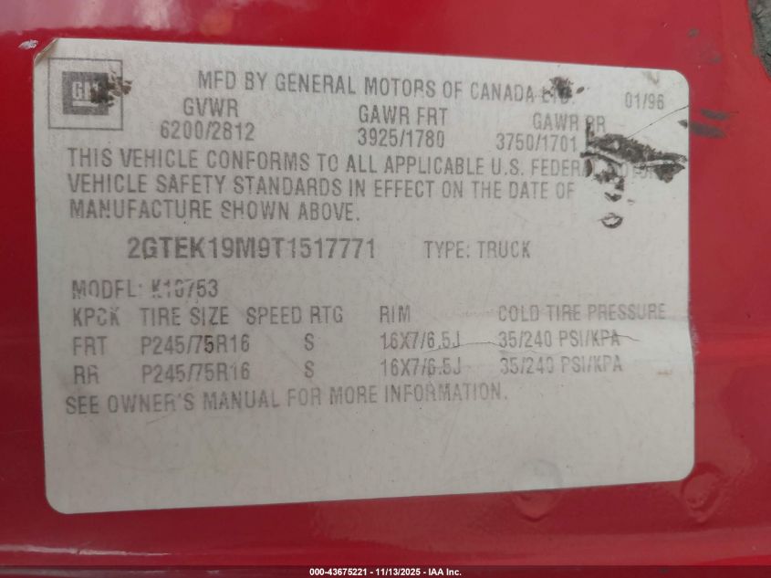 1996 GMC Sierra K1500 VIN: 2GTEK19M9T1517771 Lot: 43675221