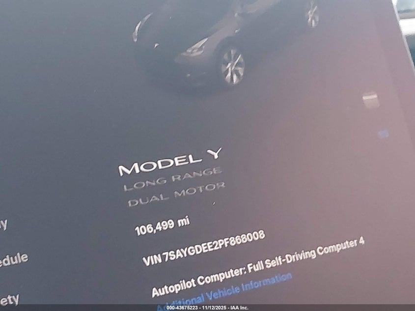 2023 Tesla Model Y Awd/Long Range Dual Motor All-Wheel Drive VIN: 7SAYGDEE2PF868008 Lot: 43675223
