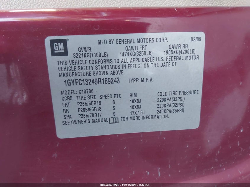 2009 Cadillac Escalade Standard VIN: 1GYFC13249R189243 Lot: 43675225