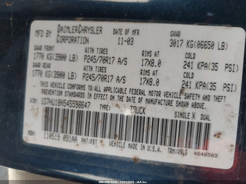 2004 Dodge Ram 1500 Slt/Laramie VIN: 1D7HU18N54S598647 Lot: 43675235