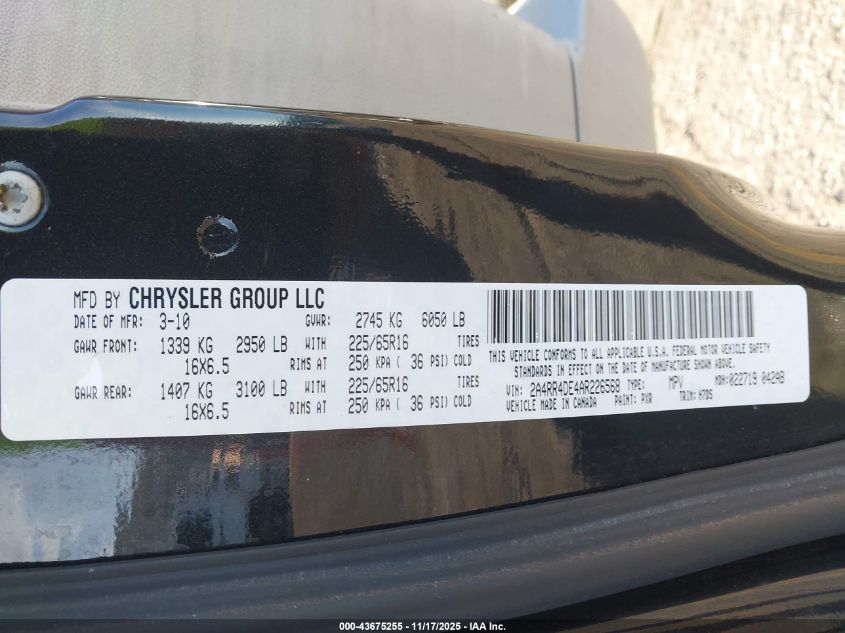 2010 Chrysler Town & Country Lx VIN: 2A4RR4DE4AR226568 Lot: 43675255