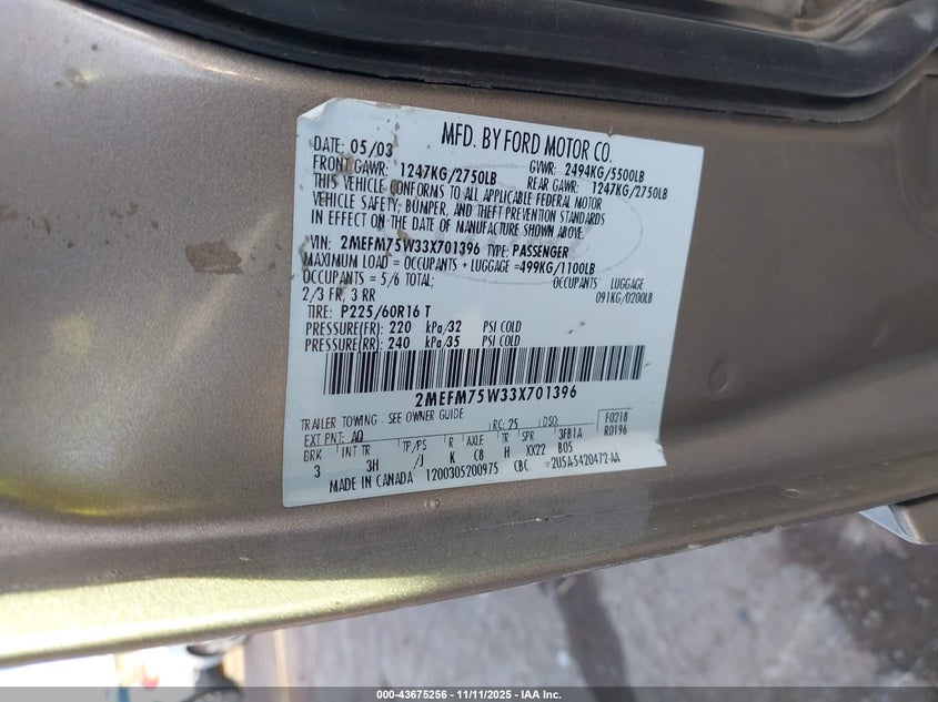 2003 Mercury Grand Marquis Ls VIN: 2MEFM75W33X701396 Lot: 43675256