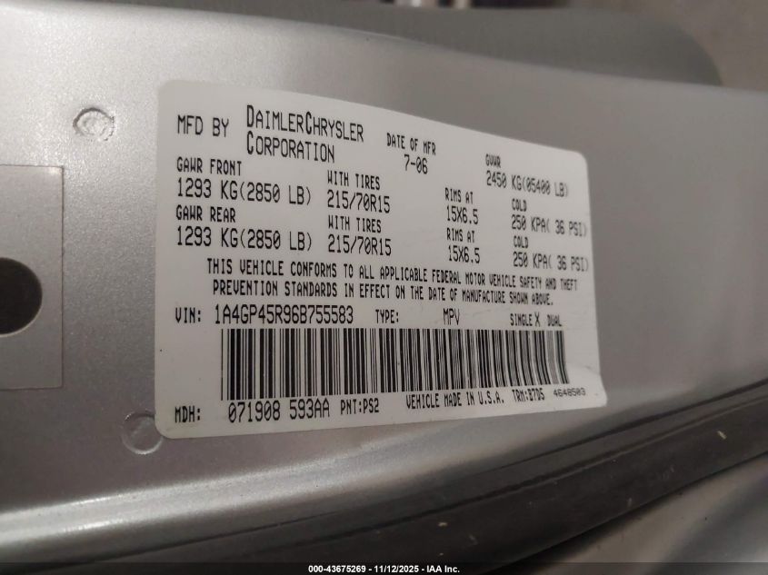 2006 Chrysler Town & Country VIN: 1A4GP45R96B755583 Lot: 43675269