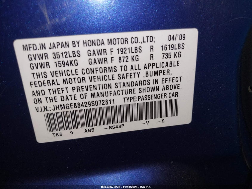 2009 Honda Fit Sport VIN: JHMGE88429S072811 Lot: 43675278
