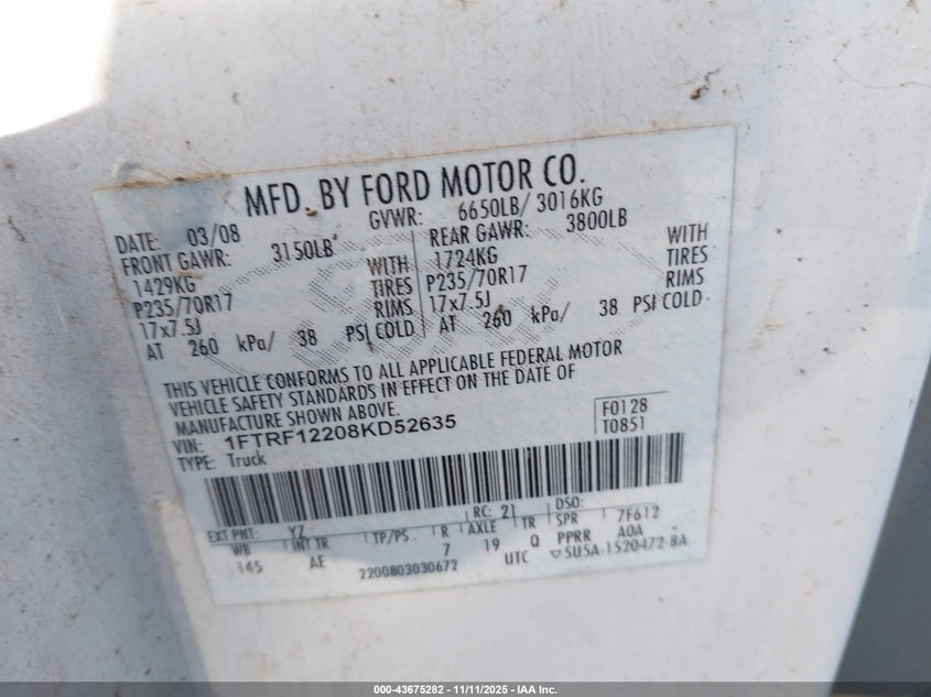 1FTRF12208KD52635 2008 FORD F-150 photo no. 9