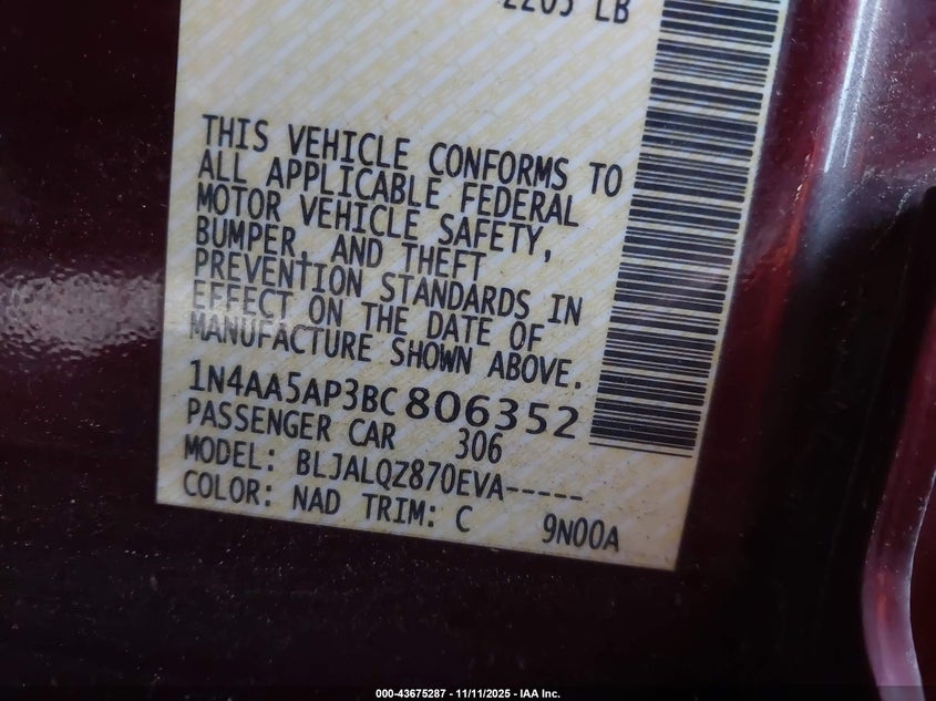 2011 Nissan Maxima 3.5 S VIN: 1N4AA5AP3BC806352 Lot: 43675287