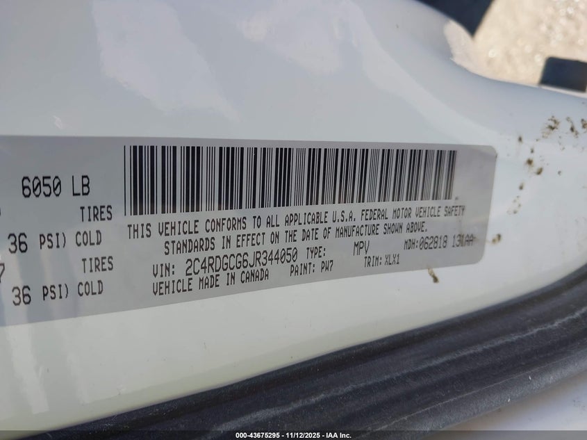 2018 Dodge Grand Caravan Sxt VIN: 2C4RDGCG6JR344050 Lot: 43675295