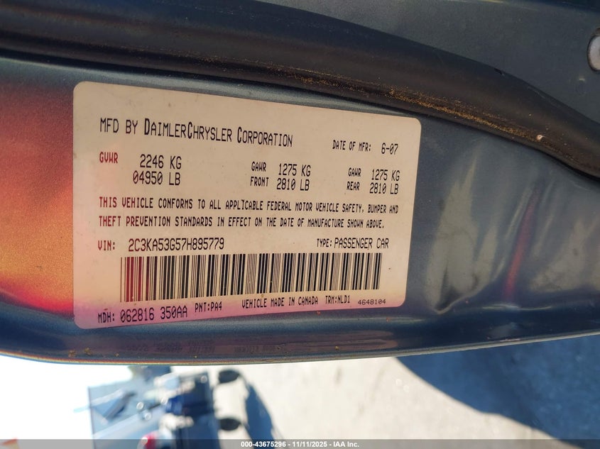 2007 Chrysler 300 Touring VIN: 2C3KA53G57H895779 Lot: 43675296