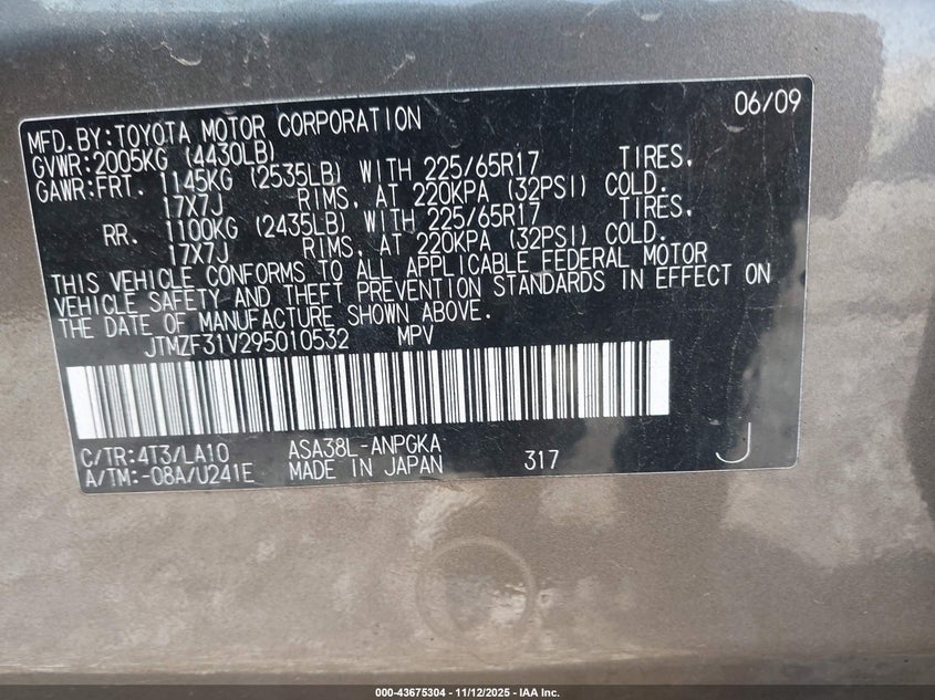 2009 Toyota Rav4 Limited VIN: JTMZF31V295010532 Lot: 43675304