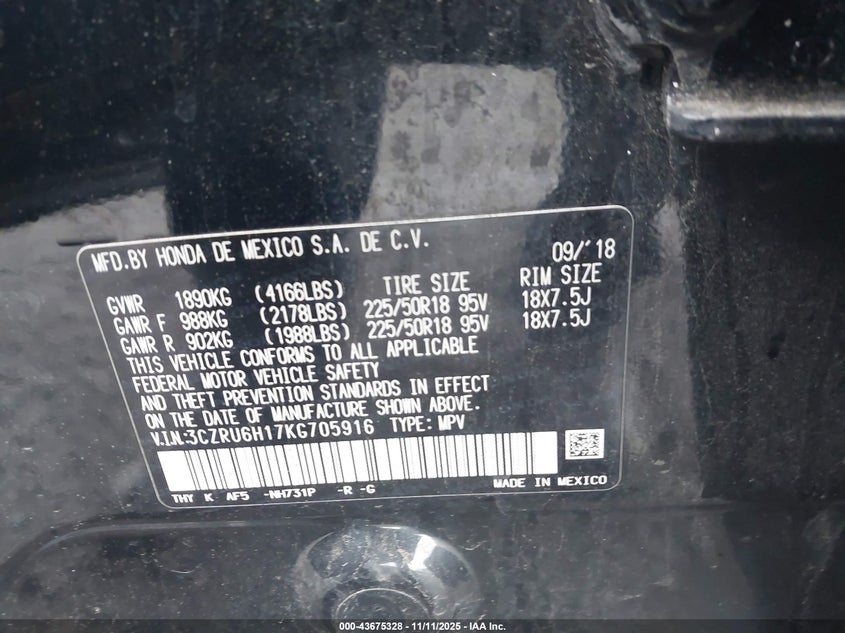 2019 HONDA HR-V SPORT 3CZRU6H17KG705916