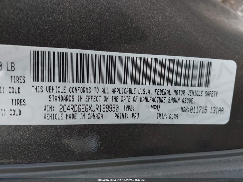 2018 Dodge Grand Caravan Gt VIN: 2C4RDGEGXJR199950 Lot: 43675334