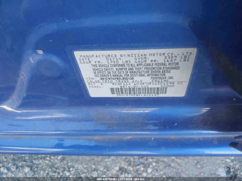 2014 Nissan Versa 1.6 Sv VIN: 3N1CN7AP8EL855139 Lot: 43675339