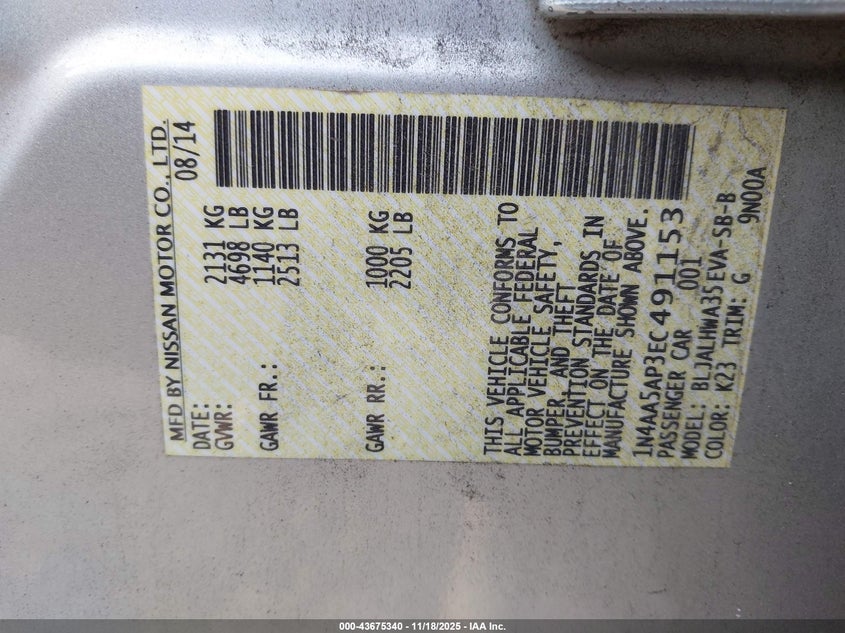 2014 Nissan Maxima 3.5 Sv VIN: 1N4AA5AP3EC491153 Lot: 43675340