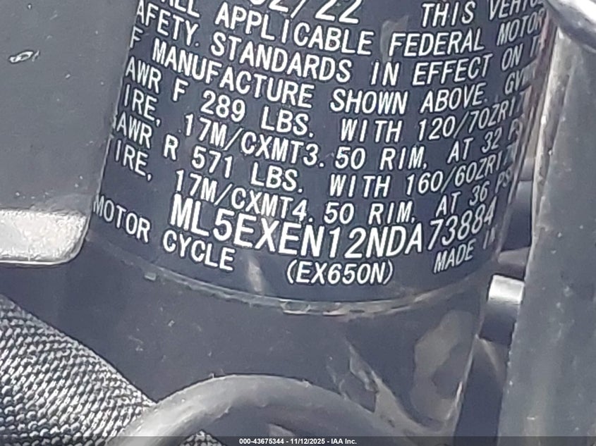 2022 Kawasaki Ex650 N VIN: ML5EXEN12NDA73884 Lot: 43675344