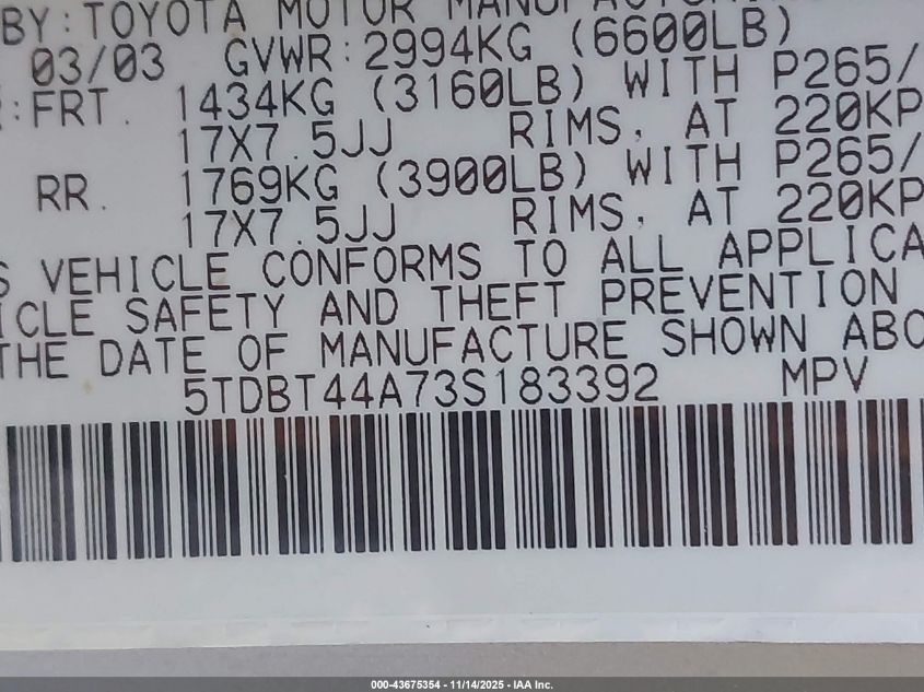 2003 Toyota Sequoia Sr5 V8 VIN: 5TDBT44A73S183392 Lot: 43675354