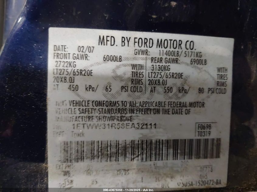 2008 Ford F-350 Fx4/Harley-Davidson/King Ranch/Lariat/Xl/Xlt VIN: 1FTWW31R58EA32111 Lot: 43675358