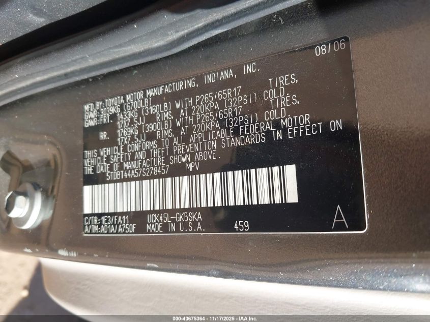 2007 Toyota Sequoia Sr5 V8 VIN: 5TDBT44A57S278457 Lot: 43675364