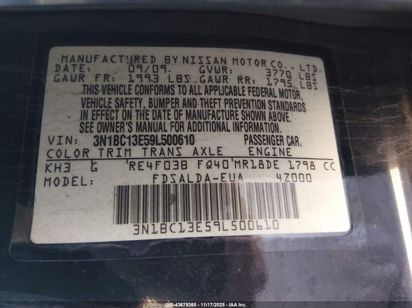 2009 Nissan Versa 1.8S VIN: 3N1BC13E59L500610 Lot: 43675365