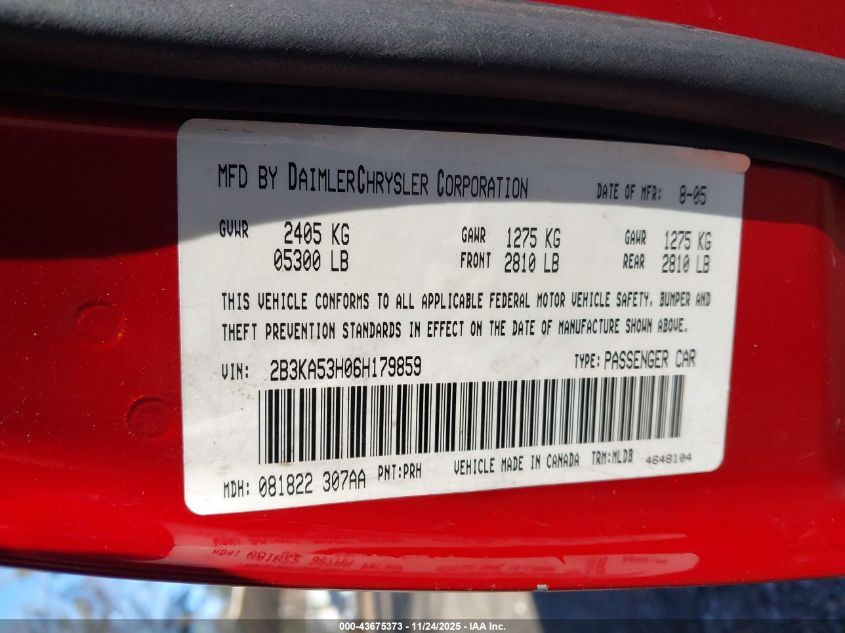 2006 Dodge Charger Rt VIN: 2B3KA53H06H179859 Lot: 43675373