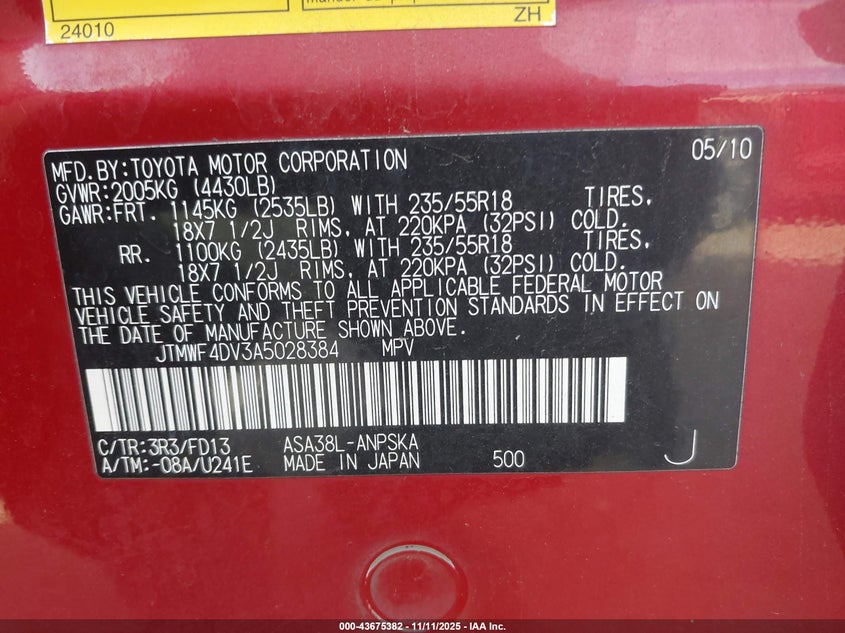 JTMWF4DV3A5028384 2010 TOYOTA RAV 4 photo no. 9