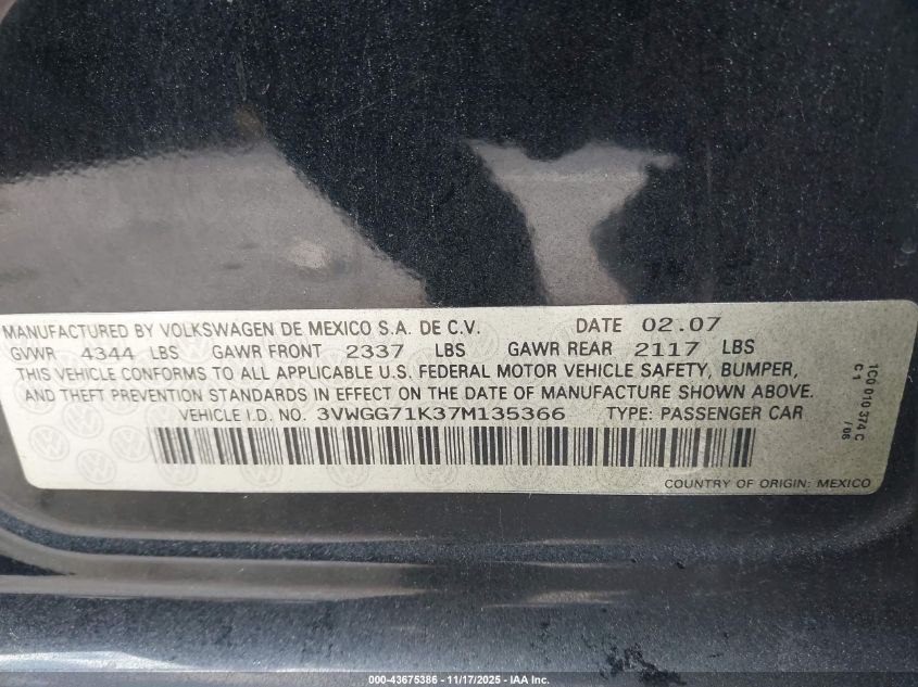 2007 Volkswagen Jetta VIN: 3VWGG71K37M135366 Lot: 43675386
