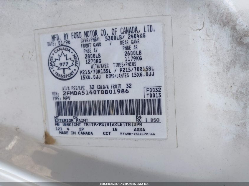 1996 Ford Windstar Wagon VIN: 2FMDA5140TBB01986 Lot: 43675387