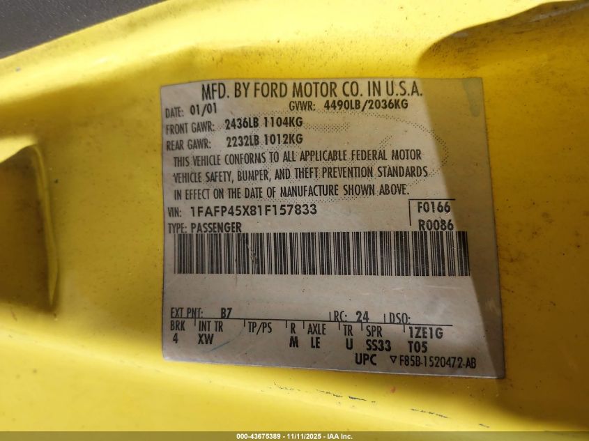 2001 Ford Mustang Gt VIN: 1FAFP45X81F157833 Lot: 43675389