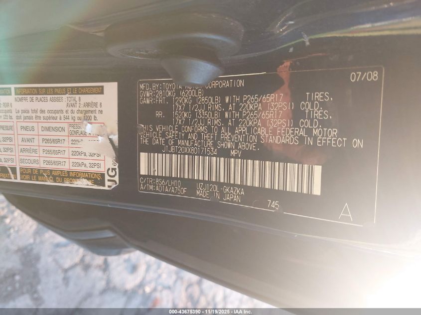 2008 Lexus Gx 470 VIN: JTJBT20XX80171534 Lot: 43675390