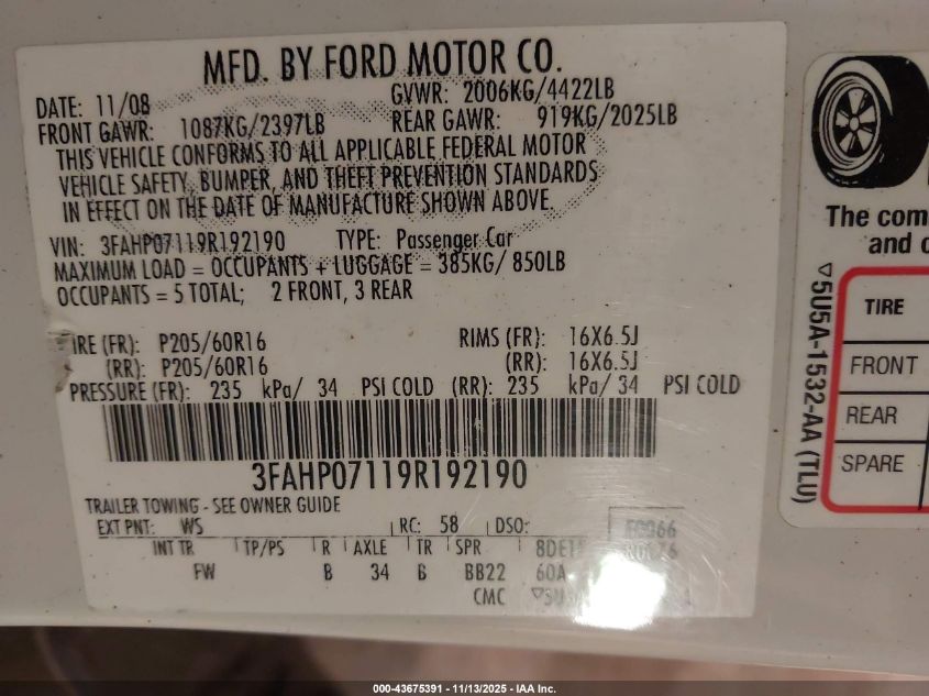 2009 Ford Fusion Se VIN: 3FAHP07119R192190 Lot: 43675391