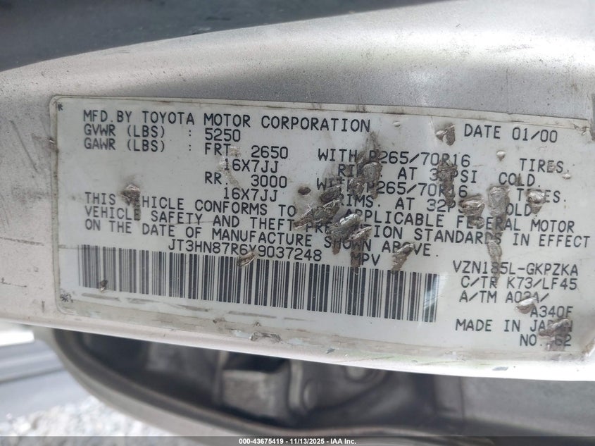 JT3HN87R6Y9037248 2000 TOYOTA 4RUNNER photo no. 9