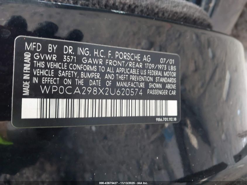 2002 Porsche Boxster VIN: WP0CA298X2U620574 Lot: 43675427