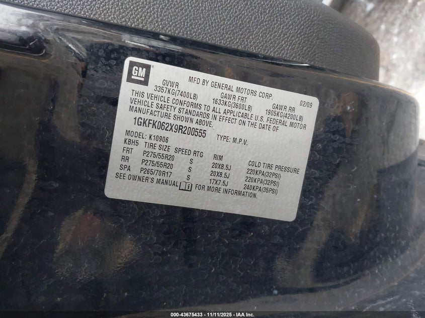 2009 GMC Yukon Xl 1500 Denali VIN: 1GKFK062X9R200555 Lot: 43675433