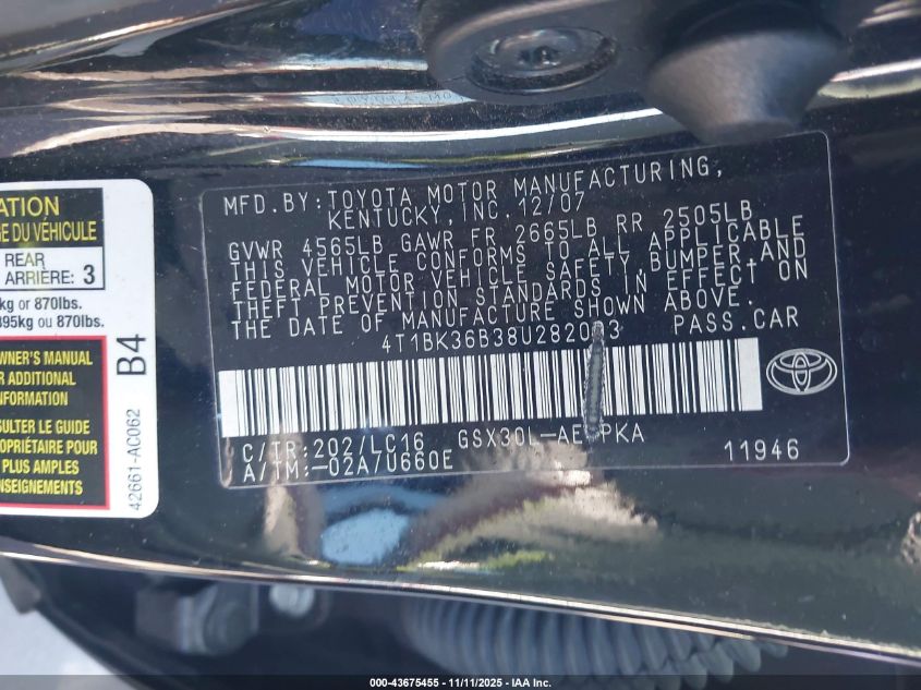 2008 Toyota Avalon Limited VIN: 4T1BK36B38U282003 Lot: 43675455