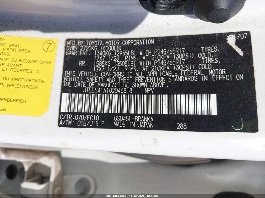 JTEES41A182046818 2008 TOYOTA HIGHLANDER photo no. 9