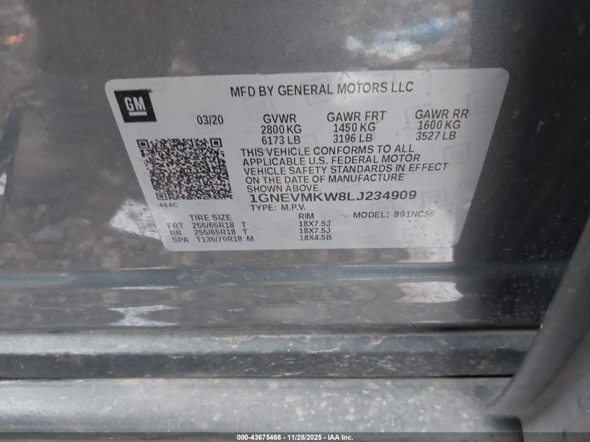 2020 Chevrolet Traverse Awd 2Fl VIN: 1GNEVMKW8LJ234909 Lot: 43675466