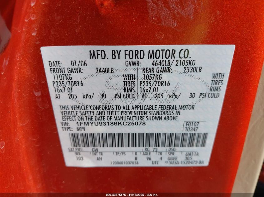 2006 Ford Escape Xlt/Xlt Sport VIN: 1FMYU93186KC25078 Lot: 43675475