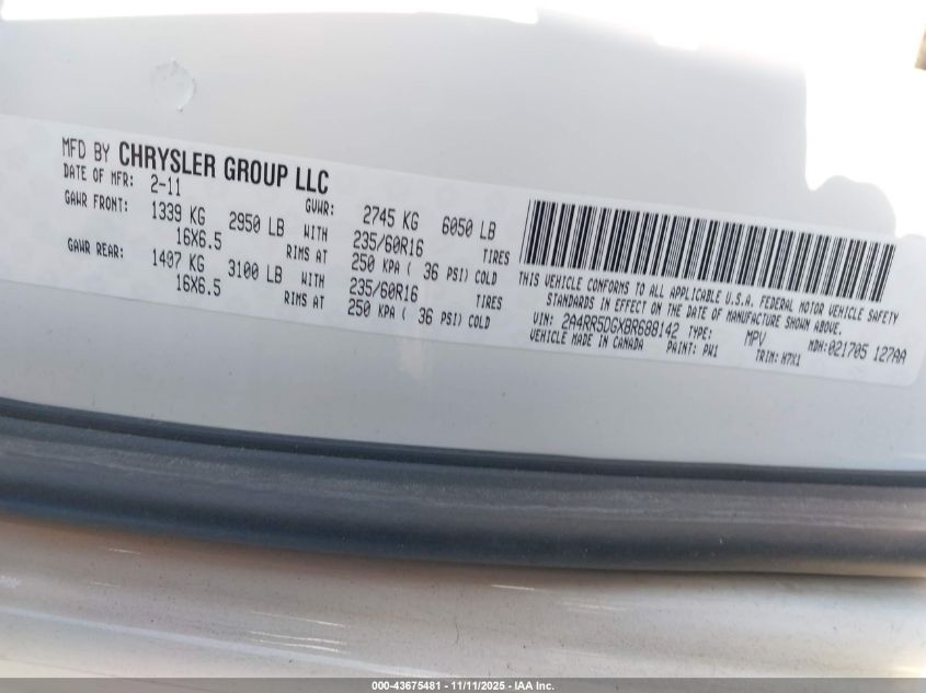 2011 Chrysler Town & Country Touring VIN: 2A4RR5DGXBR688142 Lot: 43675481