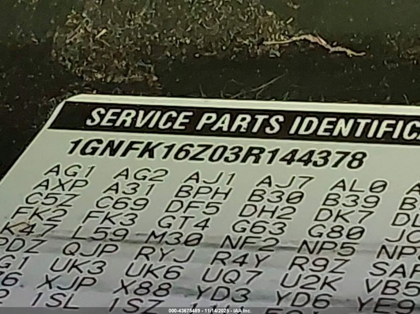 2003 Chevrolet Suburban 1500 Z71 VIN: 1GNFK16Z03R144378 Lot: 43675489