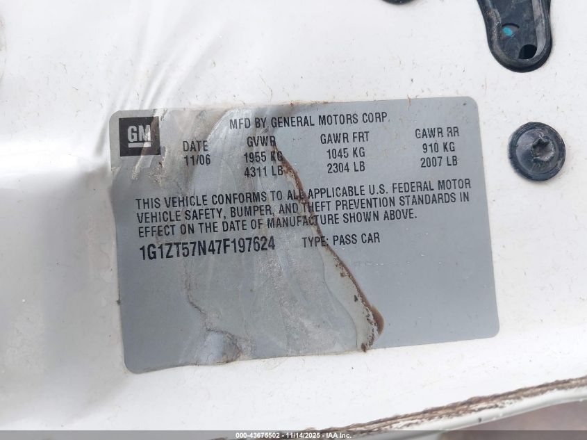 2007 Chevrolet Malibu Lt VIN: 1G1ZT57N47F197624 Lot: 43675502