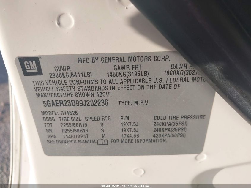 2009 Buick Enclave Cxl VIN: 5GAER23D99J202236 Lot: 43675531