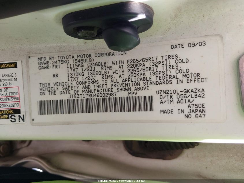 2004 Toyota 4Runner Limited V8 VIN: JTEZT17R048002987 Lot: 43675532