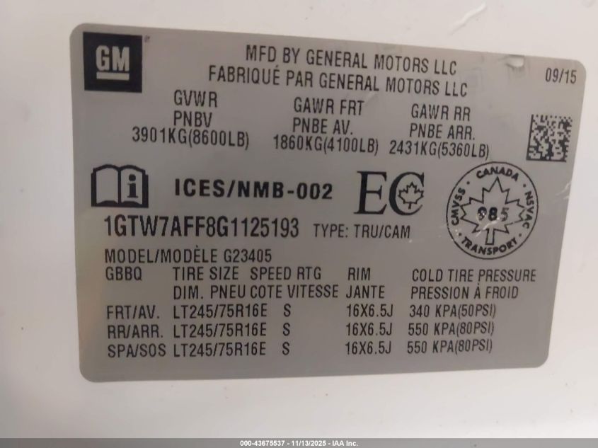 2016 GMC Savana 2500 Work Van VIN: 1GTW7AFF8G1125193 Lot: 43675537