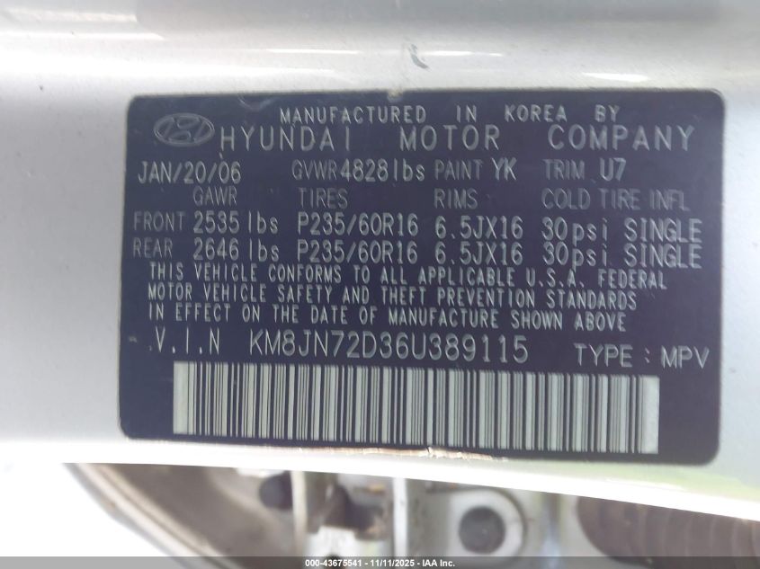 2006 Hyundai Tucson Gls/Limited VIN: KM8JN72D36U389115 Lot: 43675541